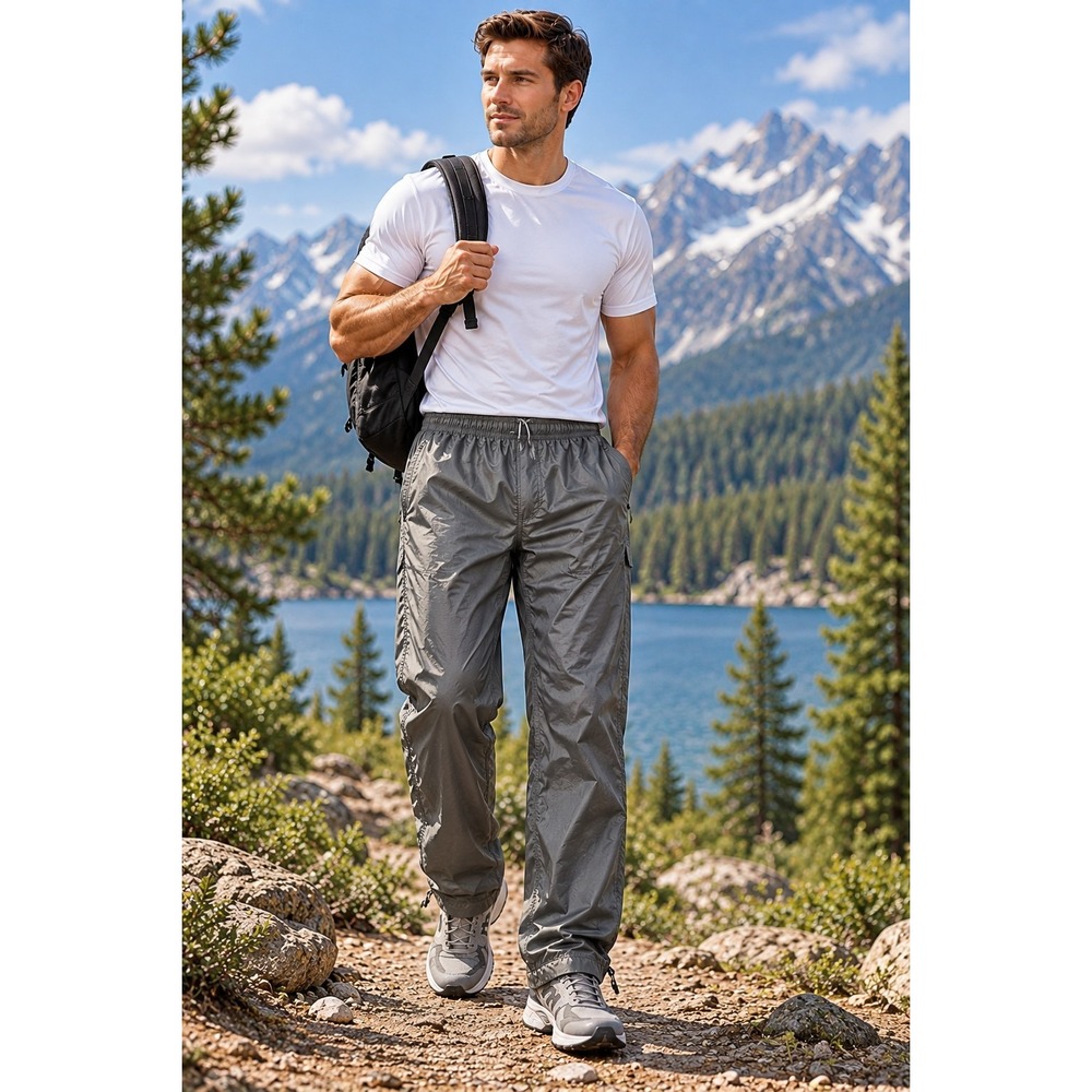 Gander Mountain Men's L Gray Nylon Outdoor Hiking Rain Pants Lightweight